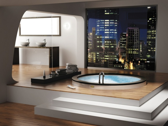 salle-de-bains-design-spa-bain à remous-ovale-revetement-sol-bois
